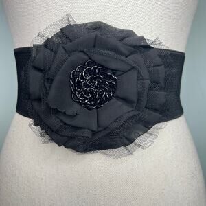 VTG 90s Black Silk Rose Beaded Corsage Wide Elastic Cinch Belt Size Medium Large